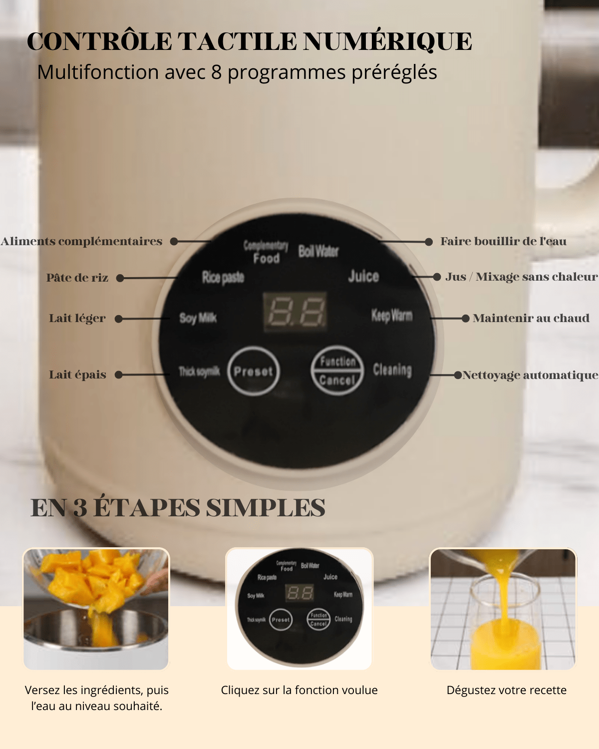 Écran tactile programmé du mixeur pour déguster des boissons maisons
